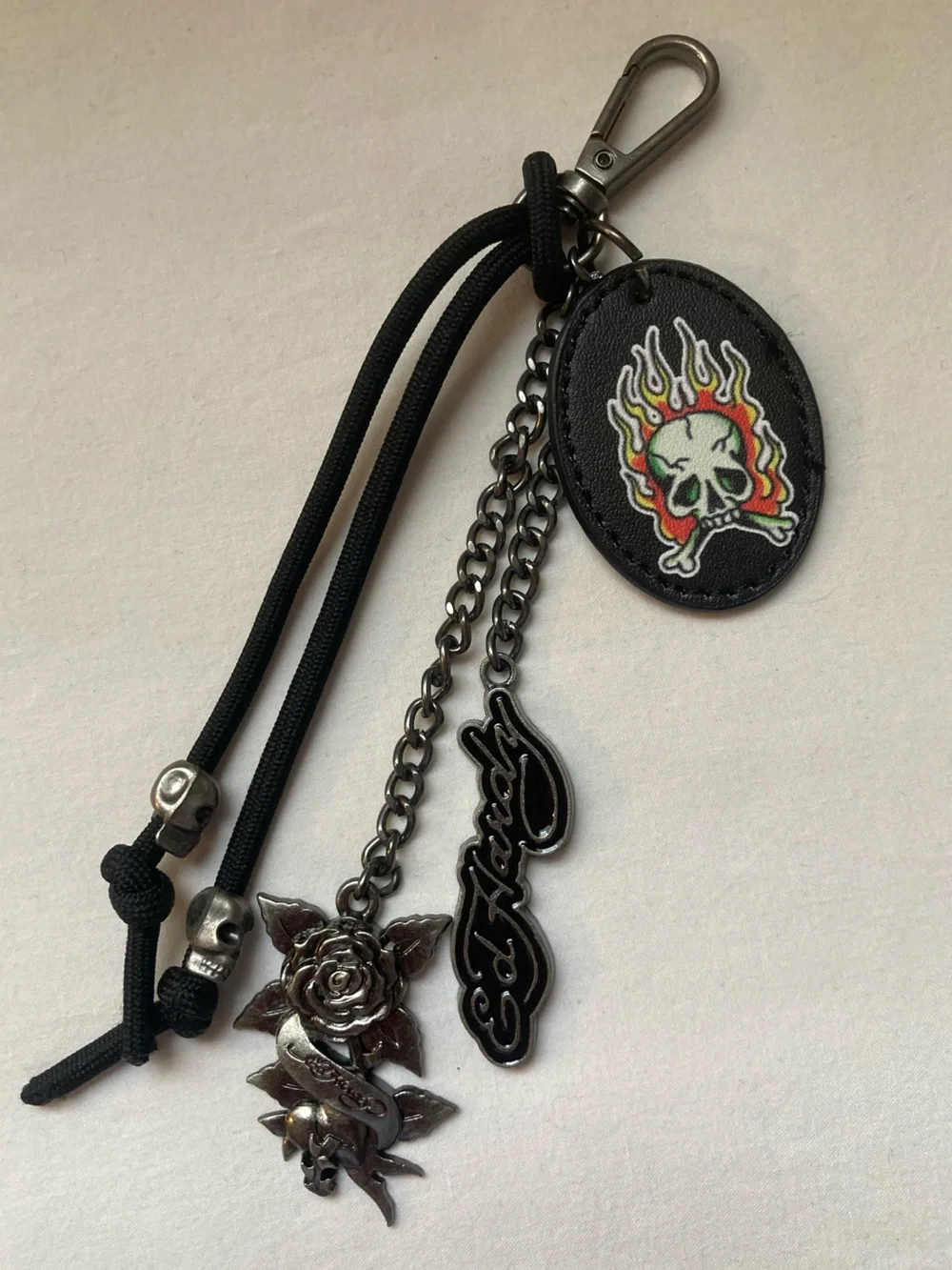 Ed Hardy Black Flame Skull Keychain with Red and Yellow Accent